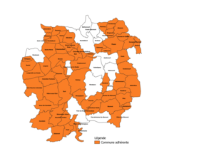Carte indiquant les communes adhérentes en orange. Les communes non-adhérentes sont : Audincourt, Bethoncourt, Dampierre-sur-le-Doubs, Grand-Charmont, Mandeure, Montbéliard, Montenois, Pierrefontaine-lès-Blamont, Pont-de-Roide-Vermondans, Seloncourt, Sochaux, Thulay, Valentigney, Vieux-Charmont