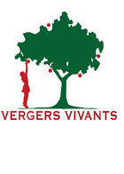 logo de l'association "Vergers Vivants", représentant un enfant qui cueille une pomme dans un arbre